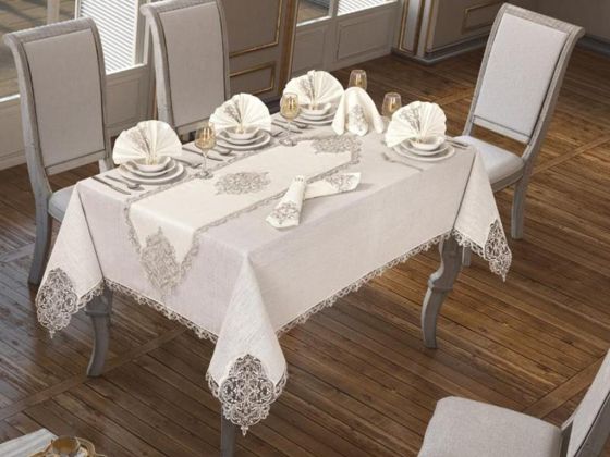 26 Parça Elegant Masa Örtüsü Takımı Krem Silver - Çeyiz Diyarı