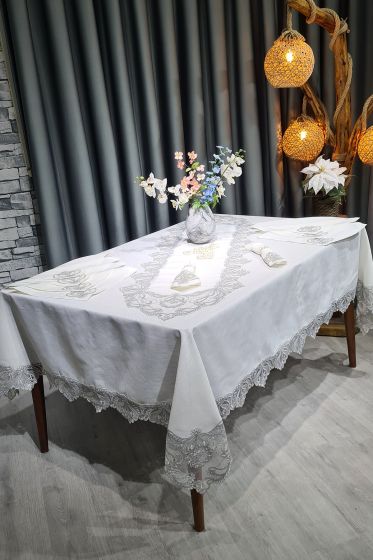 26 Parça Fransız Güpürlü Firuze Masa Örtüsü Takımı Krem - Silver - Çeyiz Diyarı