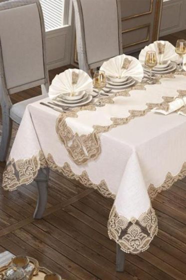 26 Parça Güpürlü Kaktüs Masa Örtüsü Takımı Krem Gold - Çeyiz Diyarı (1)