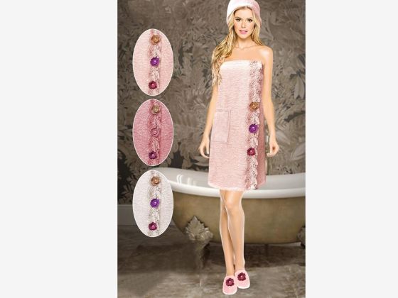 3d Dantelli Pamuklu Sauna Bornoz Takımı Milana - Çeyiz Diyarı