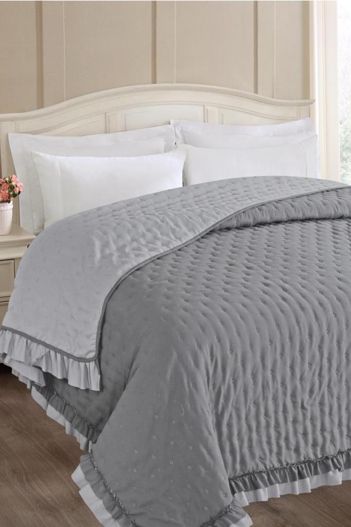 Adriana Fırfırlı Elyaf Dolgulu Çift Kişilik 200x220 cm Kırlentsiz Yatak Örtüsü Antrasit - 1