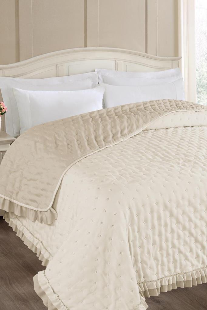 Adriana Fırfırlı Elyaf Dolgulu Tek Kişilik 160x220 cm Kırlentsiz Yatak Örtüsü Bej - 1