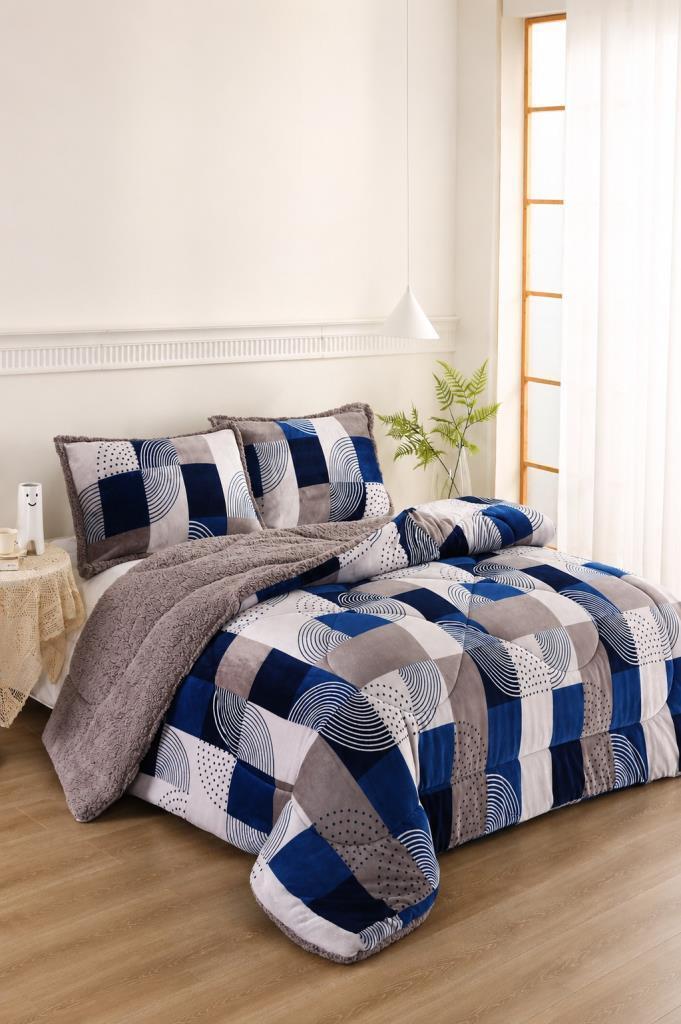 Ahenk Desenli Peluş Çift Kişilik Comforter Set - 1