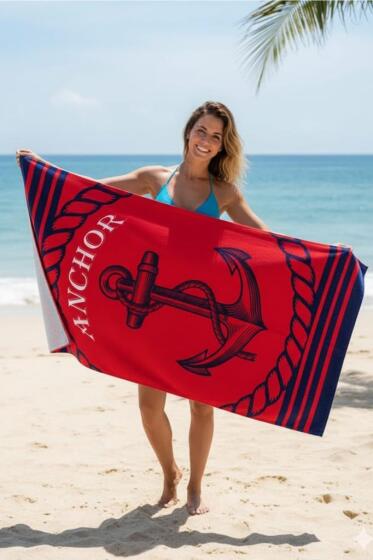 Anchor %100 Pamuk 75x150 cm Plaj Havlusu Bordo - Çeyiz Diyarı