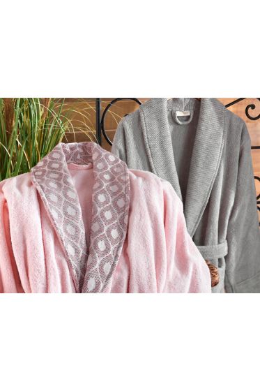 Aria Jakarlı Pamuklu Bornoz Seti Pembe Gri - Dantela (1)