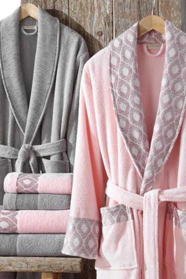 Aria Jakarlı Pamuklu Bornoz Seti Pembe Gri - Dantela