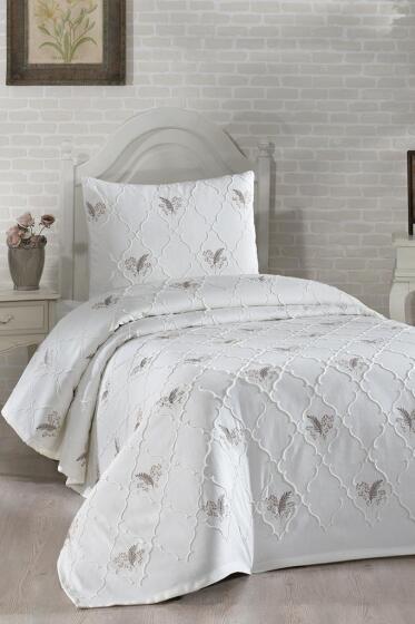 Artemis Nakışlı Şönil 2 Parça Tek Kişilik Yatak Örtüsü Bej - Çeyiz Diyarı