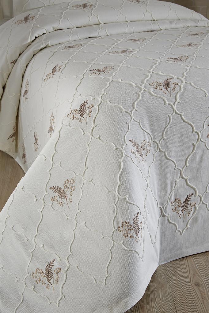 Artemis Nakışlı Şönil 2 Parça Tek Kişilik Yatak Örtüsü Bej - 3