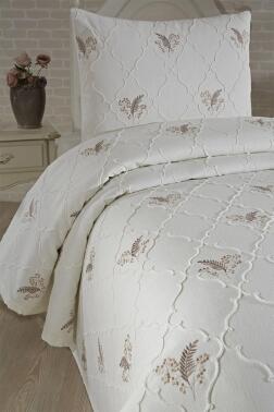 Artemis Nakışlı Şönil 2 Parça Tek Kişilik Yatak Örtüsü Bej - 4