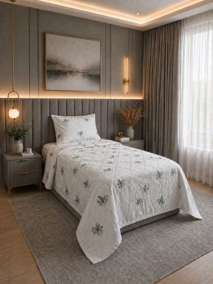 Artemis Nakışlı Şönil 2 Parça Tek Kişilik Yatak Örtüsü Gri - Çeyiz Diyarı