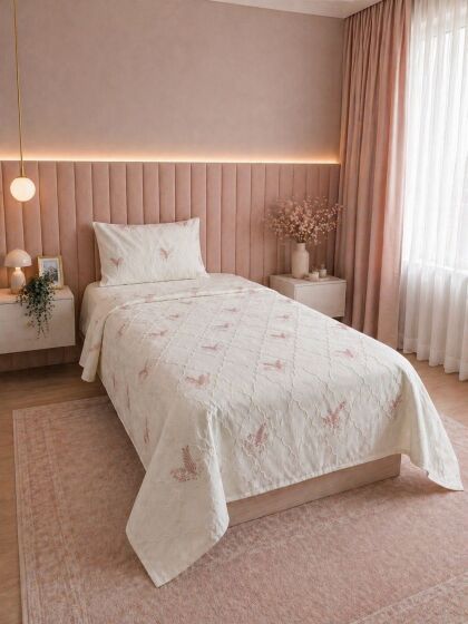 Artemis Nakışlı Şönil 2 Parça Tek Kişilik Yatak Örtüsü Pudra - Çeyiz Diyarı