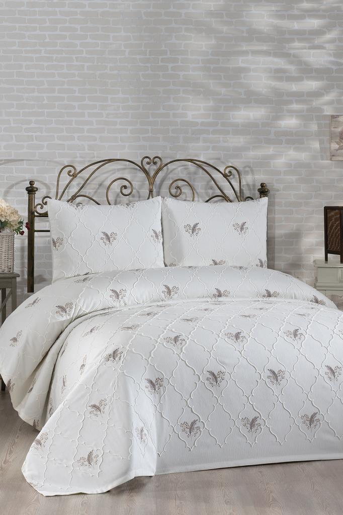 Artemis Nakışlı Şönil 3 Parça Çift Kişilik Yatak Örtüsü Bej - 1