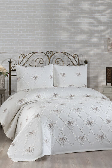 Artemis Nakışlı Şönil 3 Parça Çift Kişilik Yatak Örtüsü Bej - Çeyiz Diyarı