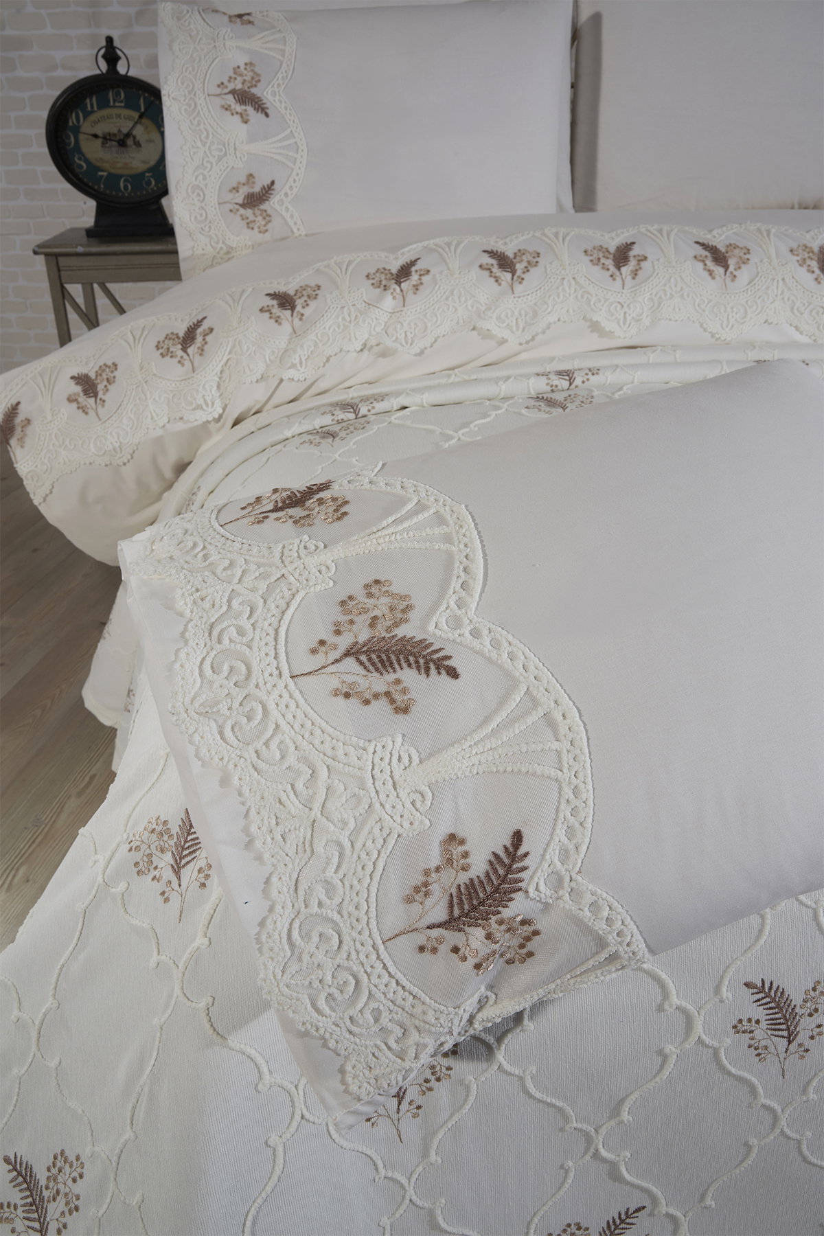 Artemis Nakışlı Şönil 7 Parça Gelin Seti Bej - 5