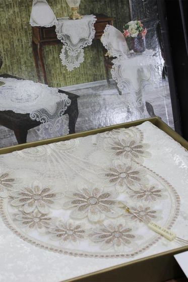 Aryen Kadife Kordone 5 Parça Salon Takımı Krem Kahve - Çeyiz Diyarı