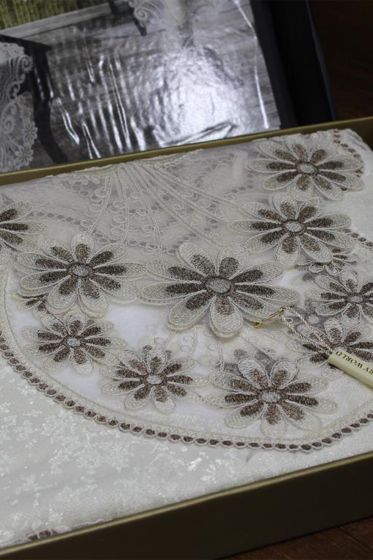 Aryen Kadife Kordone 5 Parça Salon Takımı Krem Koyu Kahve - Çeyiz Diyarı