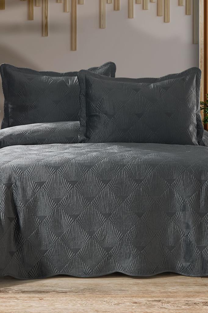 Arzen Nakışlı Kadife Çift Kişilik Yatak Örtüsü 250x260 Antrasit - 1