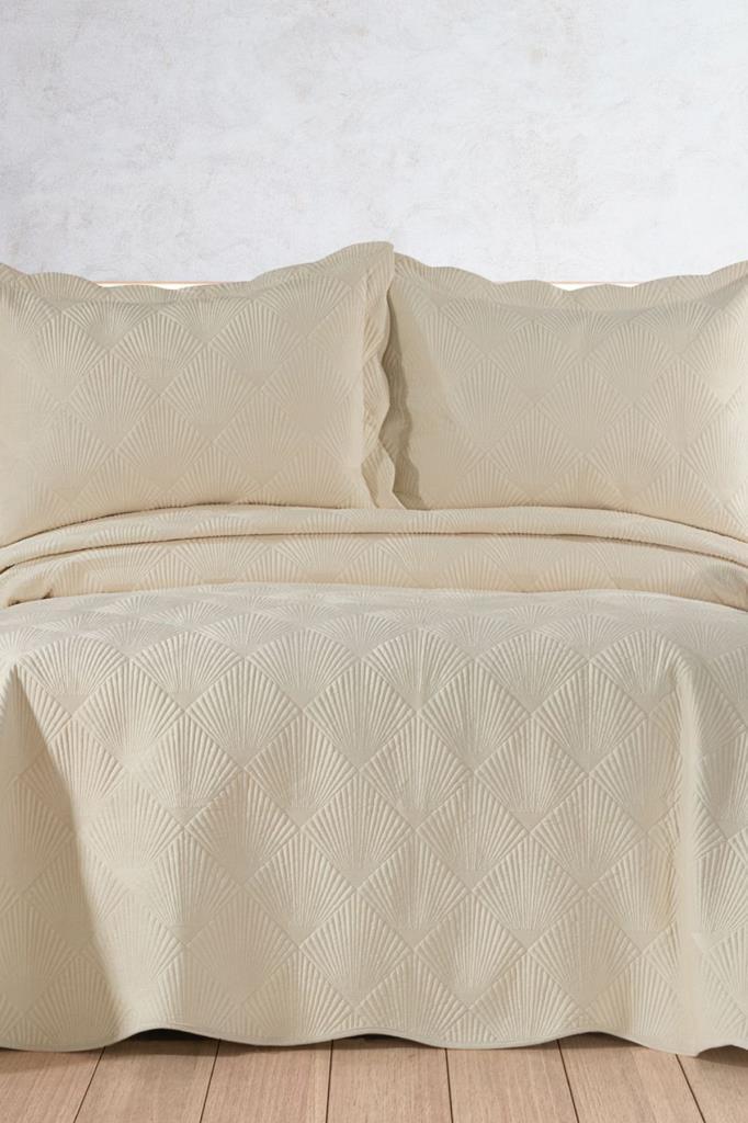 Arzen Nakışlı Kadife Çift Kişilik Yatak Örtüsü 250x260 Ekru - 1