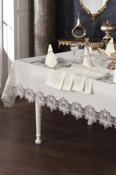 Asel Fransız Dantelli Keten Yemek Takımı - 26 Parça Gri - Çeyiz Diyarı