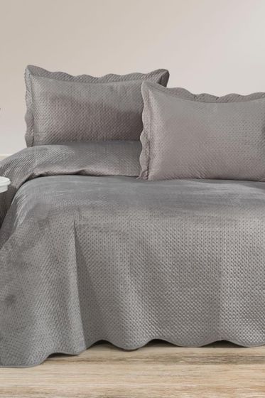 Askana Çift Kişilik Lüks Kadife Yatak Örtüsü Gri - Çeyiz Diyarı