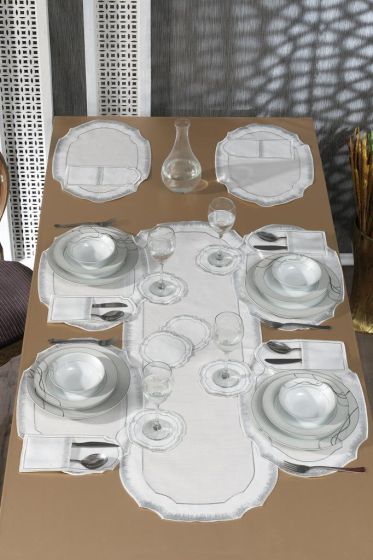 Aslı Keten Nakışlı Amerikan Servis Takımı 19 Parça Silver - Çeyiz Diyarı