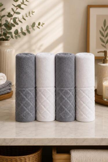 Asya %100 Pamuk Hamam Takımı 4 Parça Gri - Krem - Çeyiz Diyarı