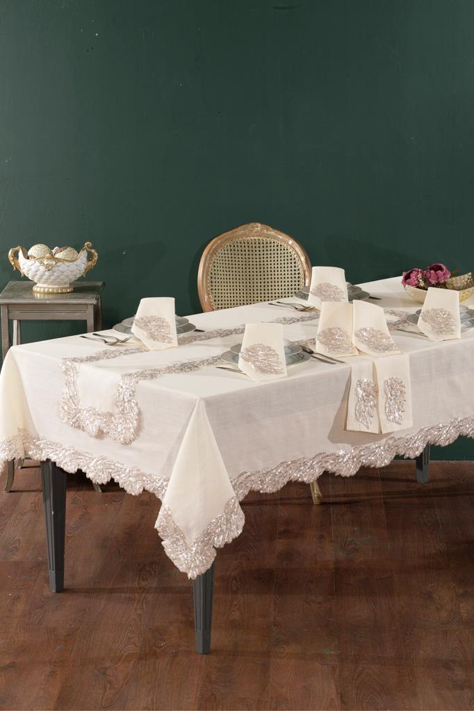 Aura Keten A.Servisli Masa Örtüsü Takımı 14 Parça Ekru - 1