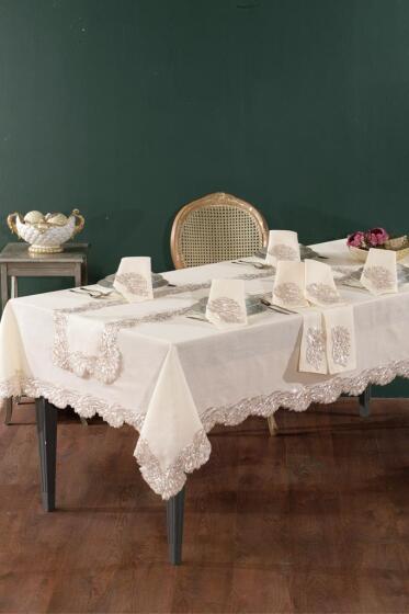 Aura Keten A.Servisli Masa Örtüsü Takımı 14 Parça Ekru - Çeyiz Diyarı