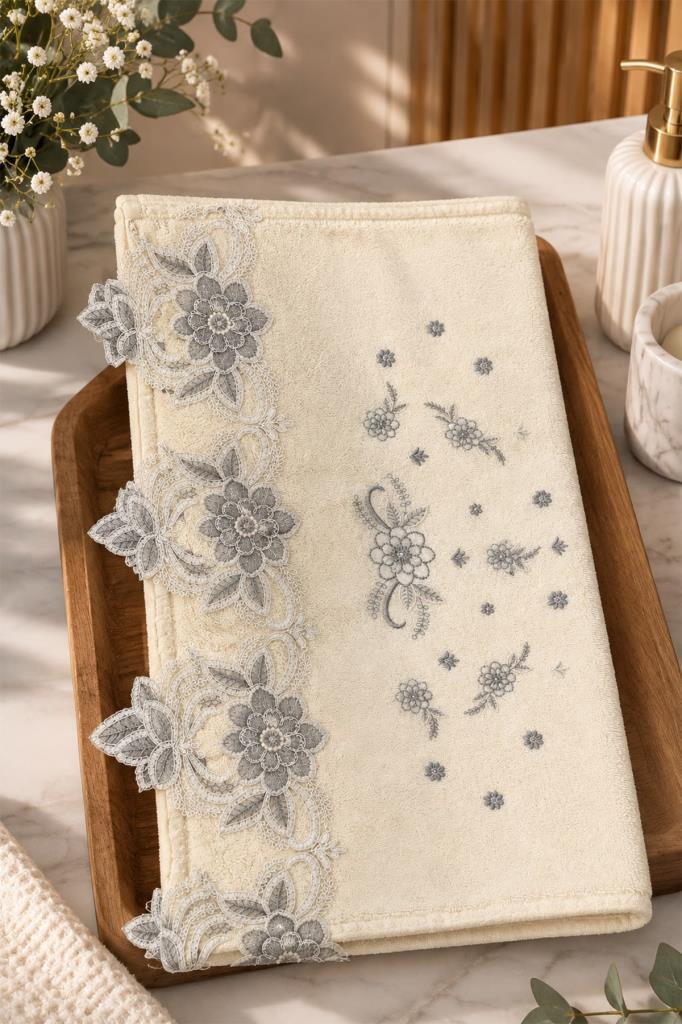 Avşa Ebru Nakışlı %100 Kadife Güpürlü 50x90 cm Çeyizlik Havlu V1 - 3