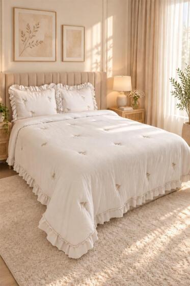 Bamboo Elyaf Dolgulu Çift Kişilik 235x250 Cm Yatak Örtüsü Bej - Çeyiz Diyarı