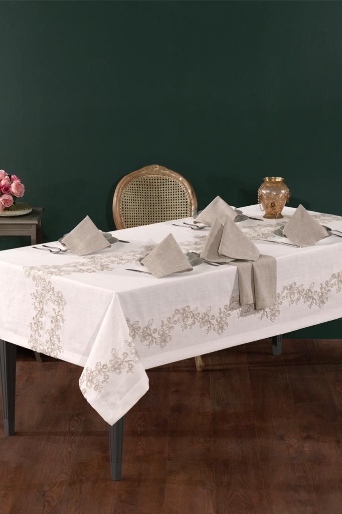 Beste Keten A.Servisli Masa Örtüsü Takımı 13 Parça Ekru - 1