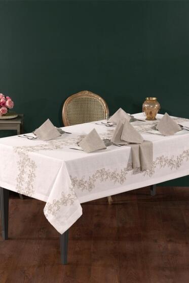 Beste Keten A.Servisli Masa Örtüsü Takımı 13 Parça Ekru - Çeyiz Diyarı