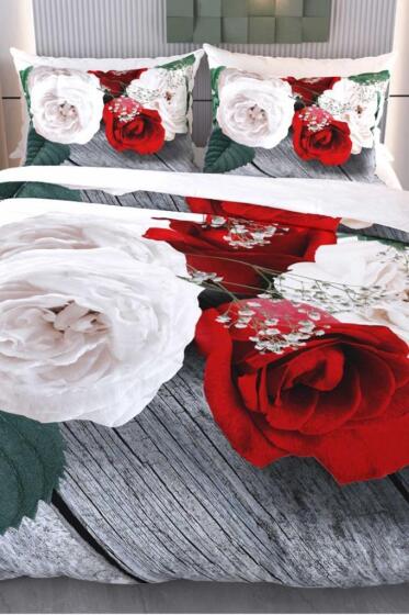 Beyaz Gül Mikro Saten 3D Dijital Baskılı Çift Kişilik Nevresim Takımı - Çeyiz Diyarı