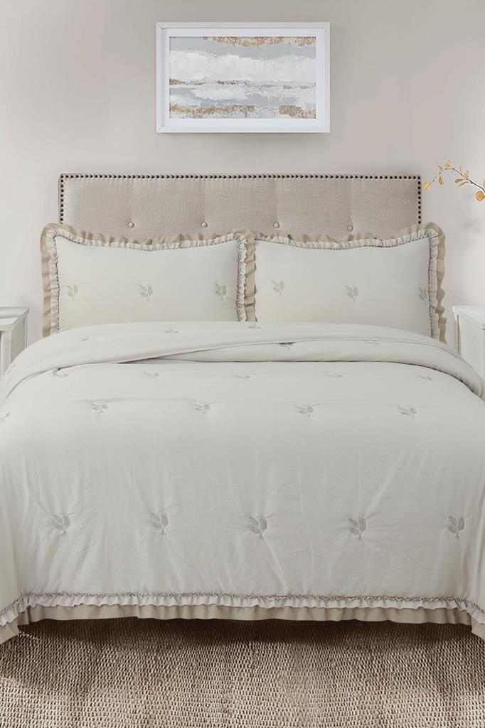 Bigo Nakışlı Fırfırlı Çift Kişilik Yatak Örtüsü Bej - 1