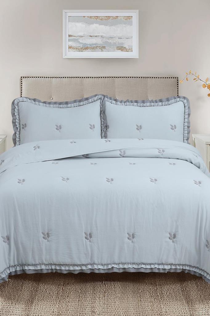 Bigo Nakışlı Fırfırlı Çift Kişilik Yatak Örtüsü Gri - 1