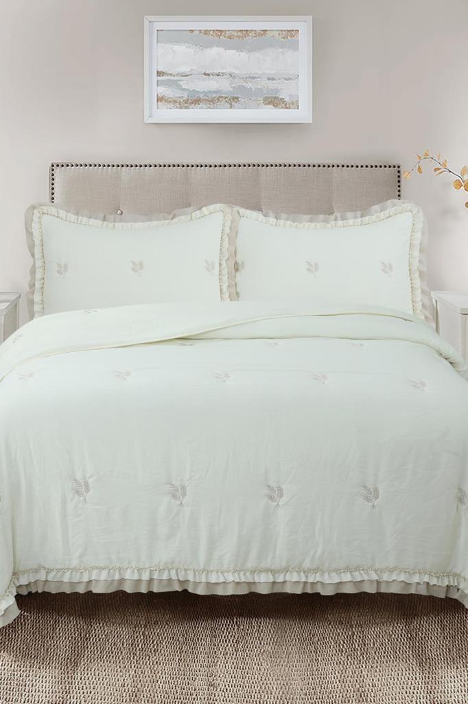 Bigo Nakışlı Fırfırlı Çift Kişilik Yatak Örtüsü Krem - 1