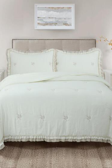 Bigo Nakışlı Fırfırlı Çift Kişilik Yatak Örtüsü Krem - Çeyiz Diyarı