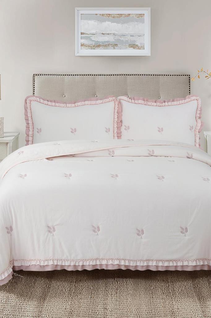 Bigo Nakışlı Fırfırlı Çift Kişilik Yatak Örtüsü Pudra - 1