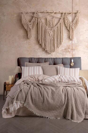 Bona 7 Parça %100 Pamuk Çift Kişilik Yatak Örtülü Nevresim Takımı Bej - Çeyiz Diyarı