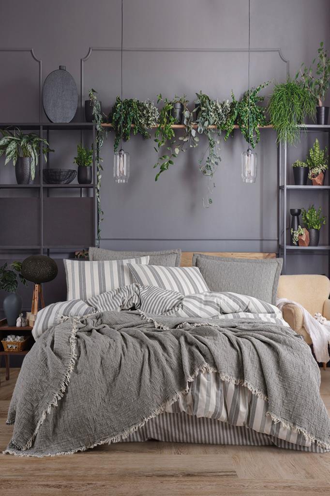 Bona 7 Parça %100 Pamuk Çift Kişilik Yatak Örtülü Nevresim Takımı Gri - 1