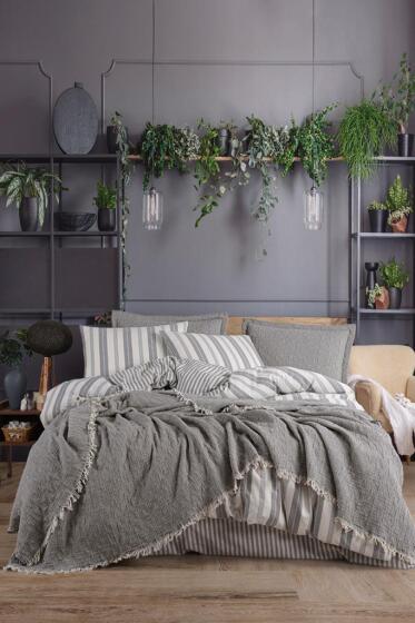 Bona 7 Parça %100 Pamuk Çift Kişilik Yatak Örtülü Nevresim Takımı Gri - Çeyiz Diyarı