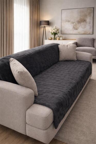 Bubble Tavşan Tüyü Kaymaz Tabanlı Koltuk Örtüsü 170x215 Cm Antrasit - Çeyiz Diyarı