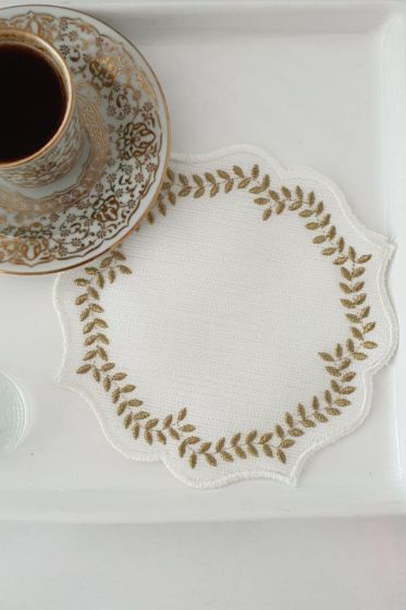 Buğday Nakışlı Keten Kare Bardak Altlığı Seti 6 Lı Gold - Çeyiz Diyarı