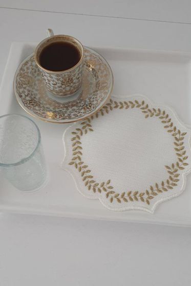 Buğday Nakışlı Keten Kare Bardak Altlığı Seti 6 Lı Gold - Çeyiz Diyarı (1)