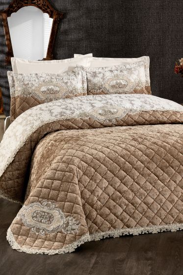 Butik Fransız Güpürlü Kadife Çeyizlik Yatak Örtüsü Cappucino - Çeyiz Diyarı