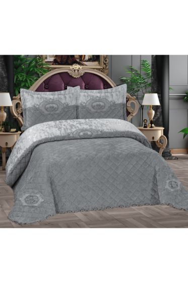 Butik Fransız Güpürlü Kadife Çeyizlik Yatak Örtüsü Gri - Çeyiz Diyarı