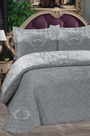 Butik Fransız Güpürlü Kadife Çeyizlik Yatak Örtüsü Gri - Çeyiz Diyarı (1)