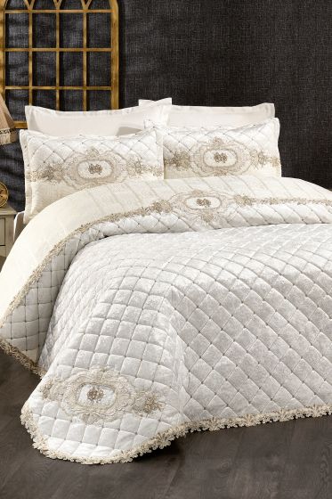 Butik Fransız Güpürlü Kadife Çeyizlik Yatak Örtüsü Krem - Çeyiz Diyarı