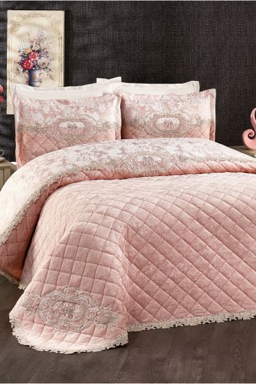 Butik Fransız Güpürlü Kadife Çeyizlik Yatak Örtüsü Pudra - Çeyiz Diyarı