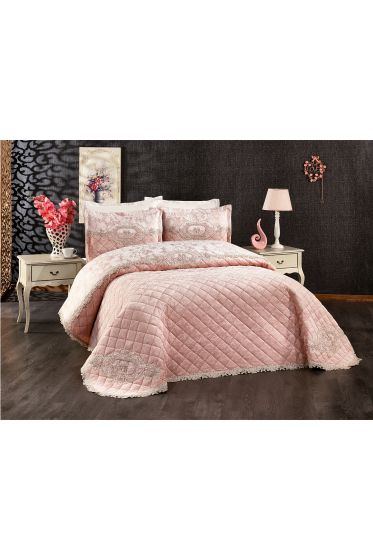 Butik Fransız Güpürlü Kadife Çeyizlik Yatak Örtüsü Pudra - Çeyiz Diyarı (1)